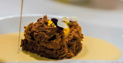 Ecuador chocolate sponge cake, coconut custard and passion fruit & cane liquor esterification